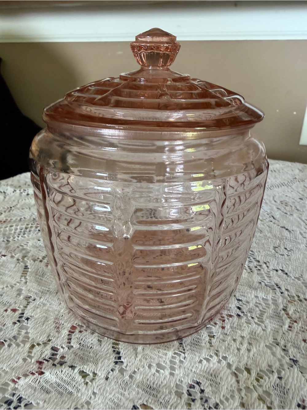Vintage Pink Pressed Glass Cookie Jar with Lid